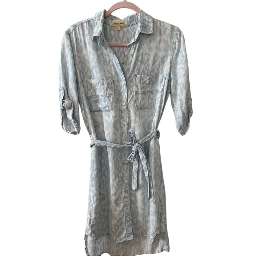 Cloth & Stone Chambray Animal Print Shirt Dress Light Vintage Blue S
